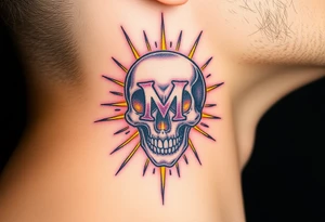 A distorted, disintegrating skull with a distorted "M" on it, surrounded by electric sparks in a mix of neon purple and yellow to create an eerie glow tattoo idea