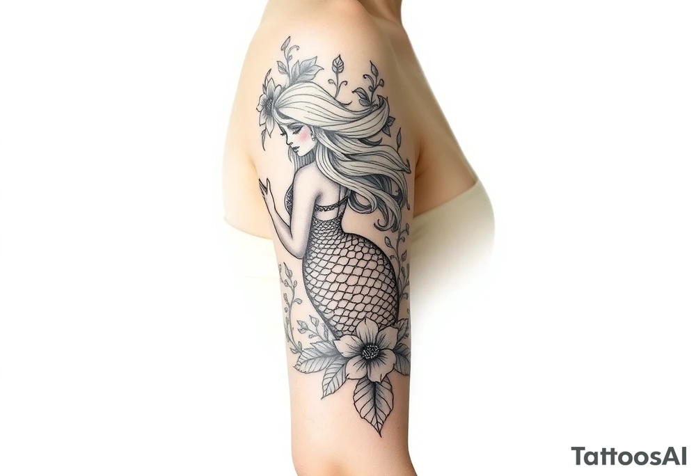 ethereal mermaid with flowing hair among coral and sea flowers tattoo idea