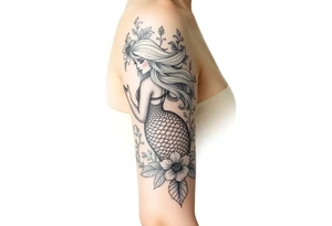 ethereal mermaid with flowing hair among coral and sea flowers tattoo idea