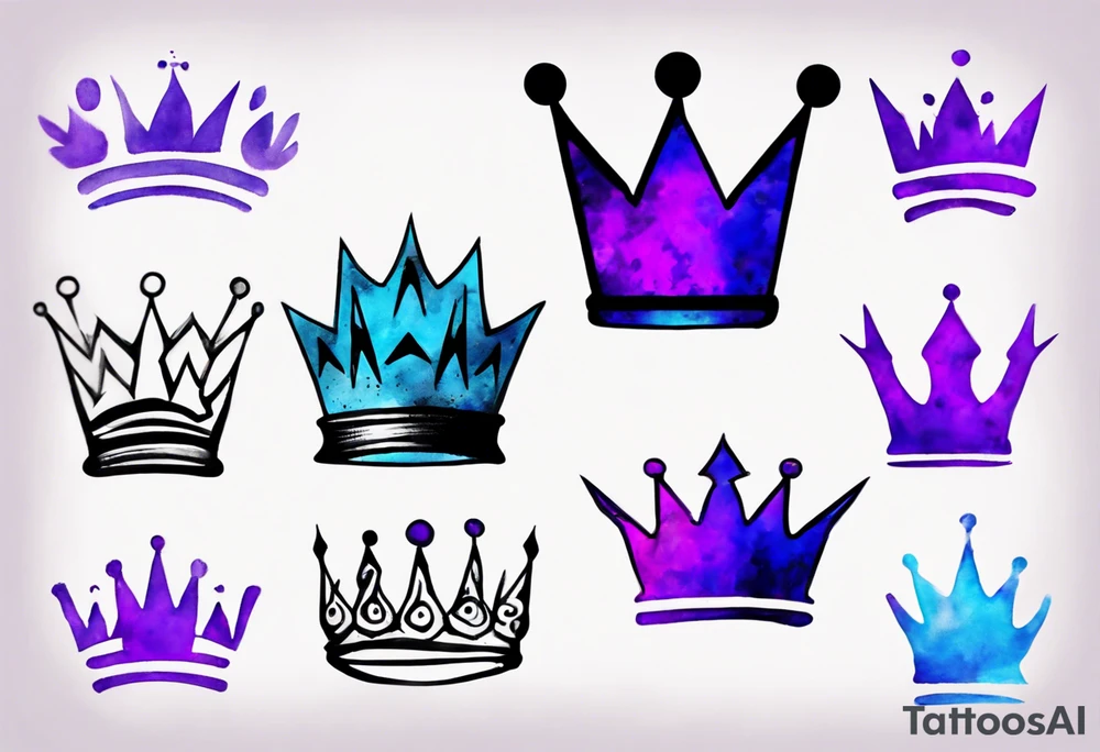 A tattoo of a minimalistic black crown and some negative space on a water color background of purple and blue. tattoo idea