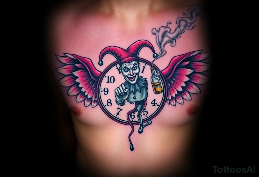 a jester clown floating in smoke with a  clock, the time says 420,  with two open wings besides the clock, smoke as the spring rising from the clock, a jester clown coming out the smoke, smoking in one hand with a liquor bottle on the other hand tattoo idea