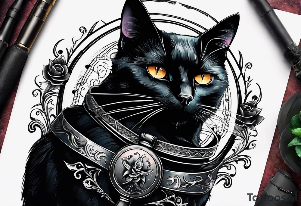 Black cat with a funny swrater ahirt tattoo idea