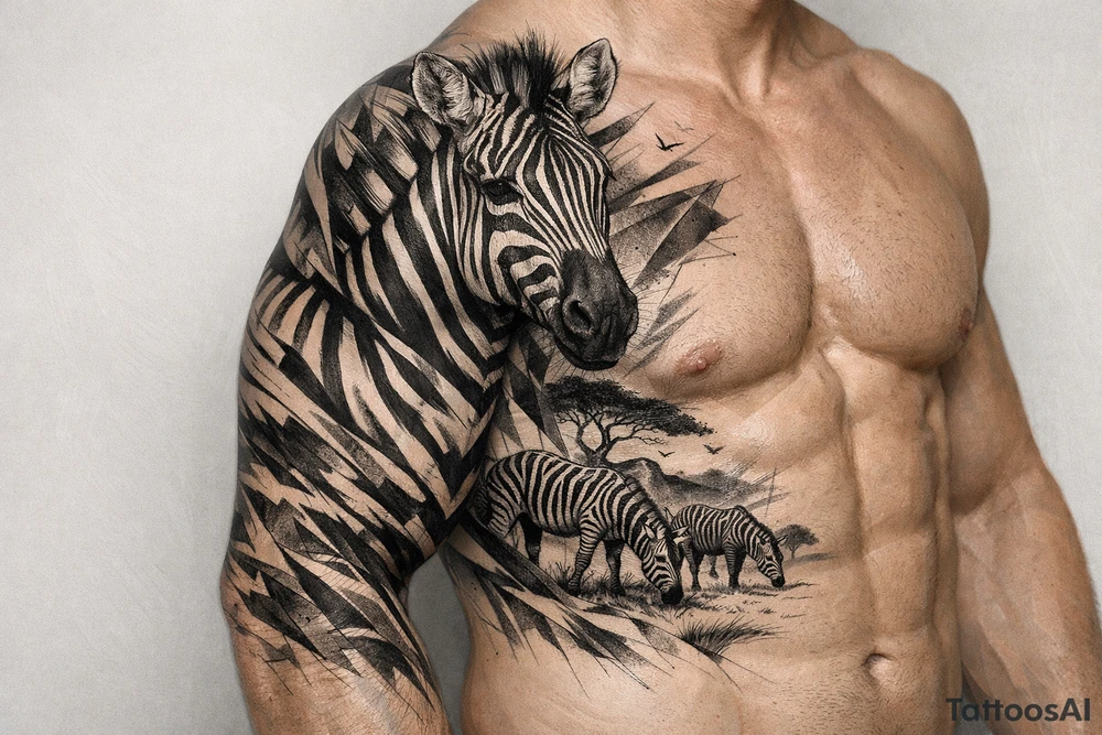 Realistic zebra across chest onto arm tattoo idea