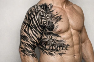 Realistic zebra across chest onto arm tattoo idea