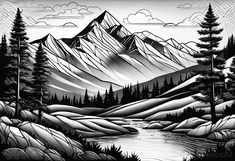 Mountains valley trees tattoo idea