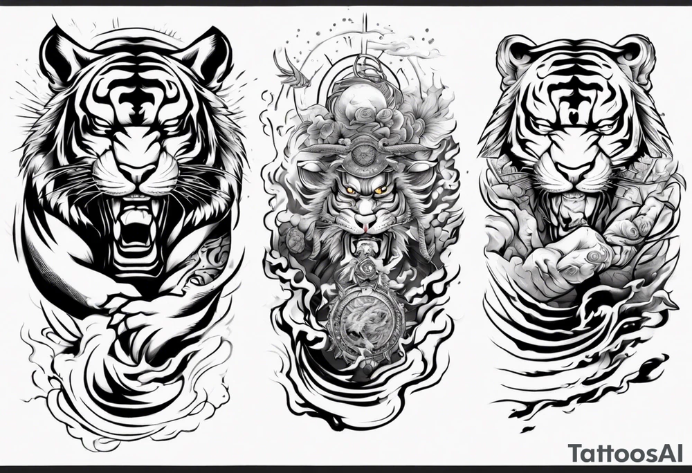 tiger warrior with lightning and the sun for a forearm sleeve tattoo idea