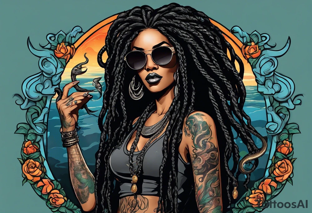 medusa as a beautiful black women with long black dreadlocks and one arm tattooed with snake skin and the other arm tattooed with marble, wearing large black sunglasses, streetwear tattoo idea