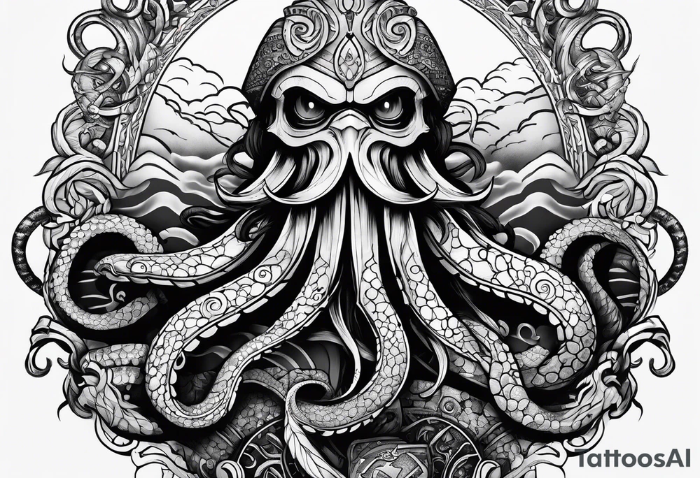 Kraken, up close,  with rune on forehead tattoo idea