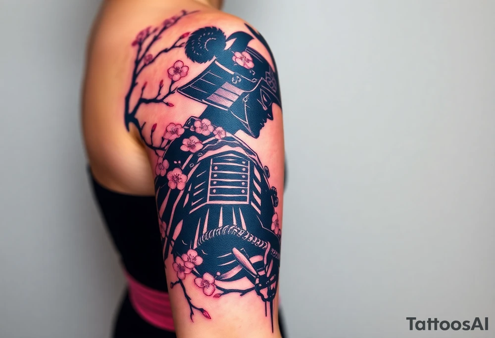 noble samurai warrior silhouette at sunset with cherry blossoms tattoo idea