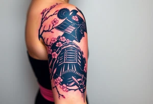 noble samurai warrior silhouette at sunset with cherry blossoms tattoo idea