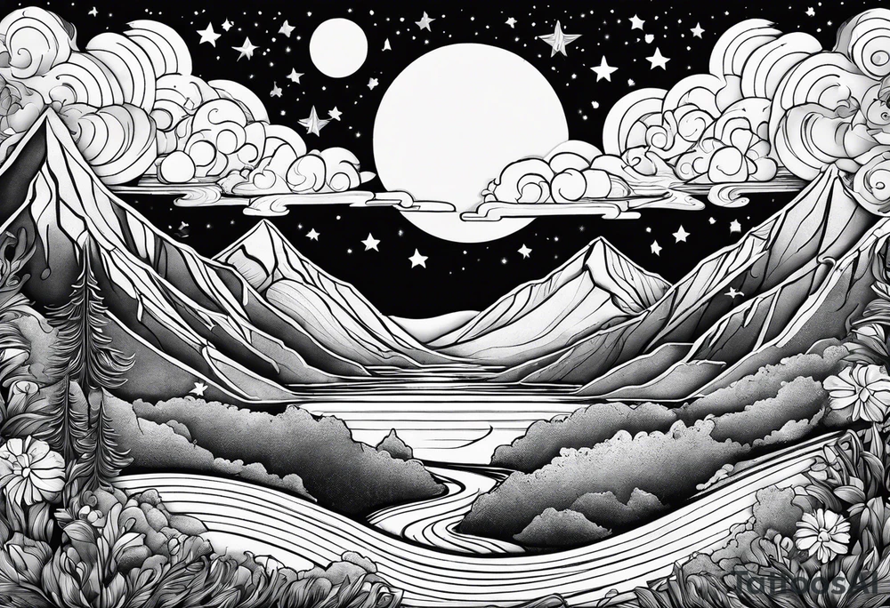 nature with mountains, waterfall, water, and a father and son in the background and and moon/sun in the sky with stars tattoo idea