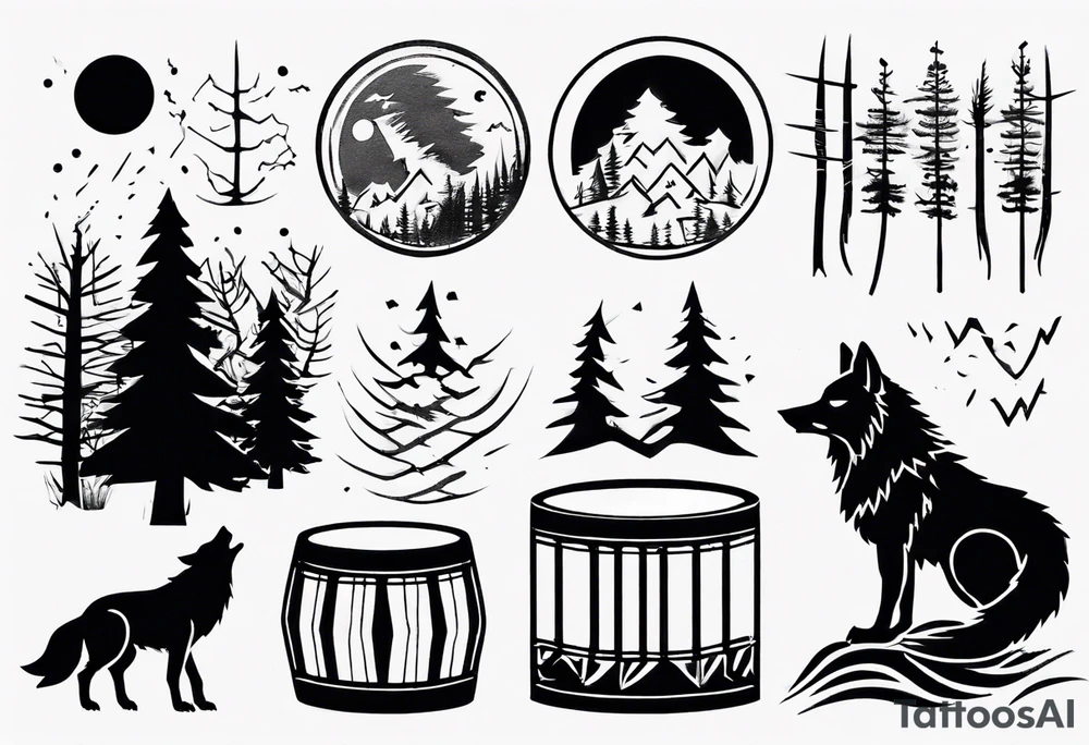 thunderstorm over a forest with a wolf howling on drums tattoo idea thunderstorm over a forest with a wolf howling on drums tattoo idea