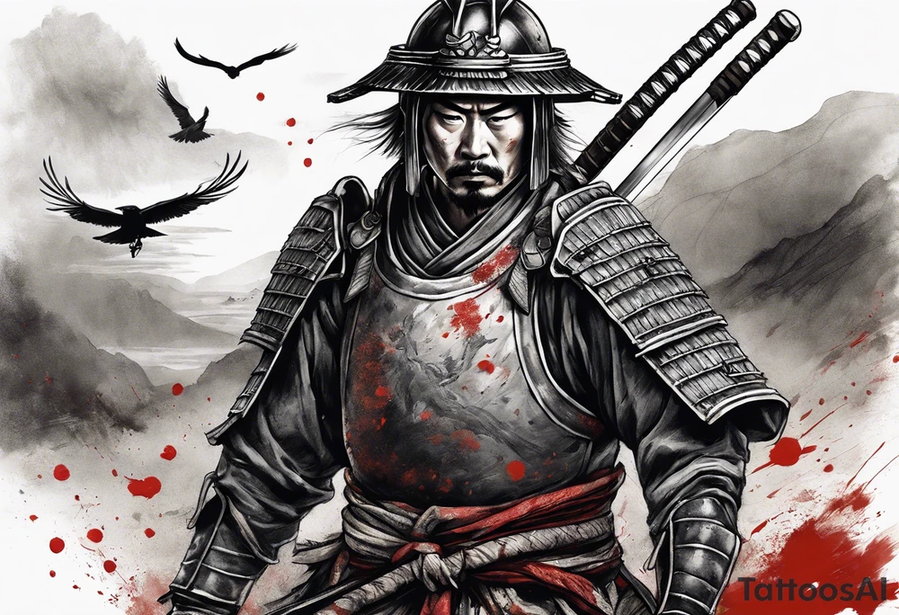 A tired samurai wounded from battle holding his helmet in one hand and in the other hand his sword with a mixture of blood and dirt, wearing his dirty armour he is steeping above some body's from the battle in open field and looking vaguely to the horizon while crows are flyting above him and the corpses tattoo idea