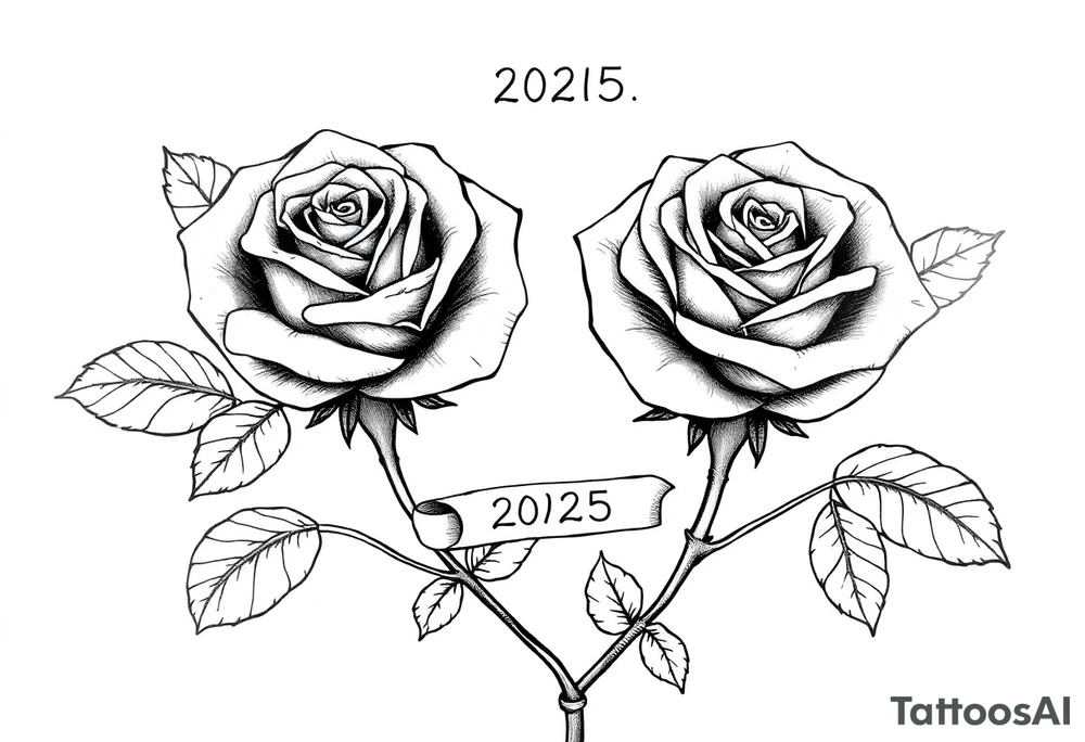 two beautiful rose buds, with many leaves and stems intertwined, representing two people in love. Include a small banner with "2025" on it.  The word "Rose" written in Kanji above the drawing.  Dark outlines tattoo idea