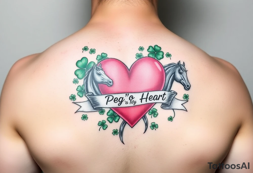 A lot of green shamrocks & horses with a big Pink heart and a banner across the heart that says Peg 'o My Heart tattoo idea