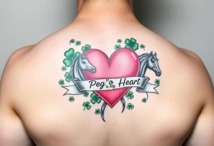 A lot of green shamrocks & horses with a big Pink heart and a banner across the heart that says Peg 'o My Heart tattoo idea