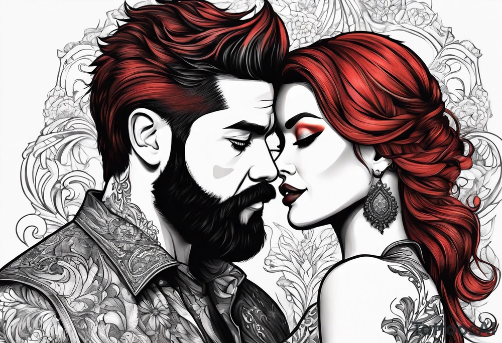Busty red haired woman with a bearded man who has black hair tattoo idea