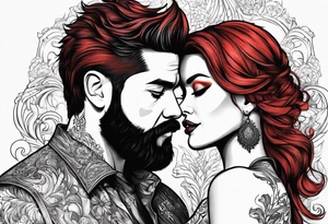 Busty red haired woman with a bearded man who has black hair tattoo idea