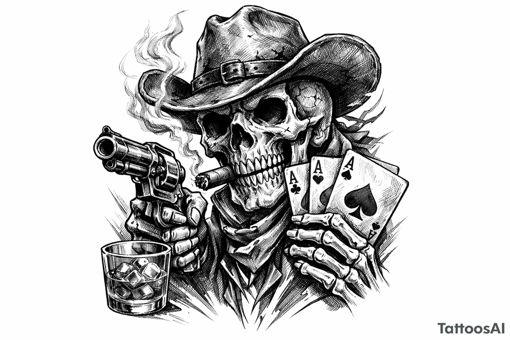 skull with cowboy-hat, cigar in his mouth, a gun in a hand, playing cards, whiskey-glass. tattoo idea