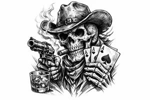skull with cowboy-hat, cigar in his mouth, a gun in a hand, playing cards, whiskey-glass. tattoo idea