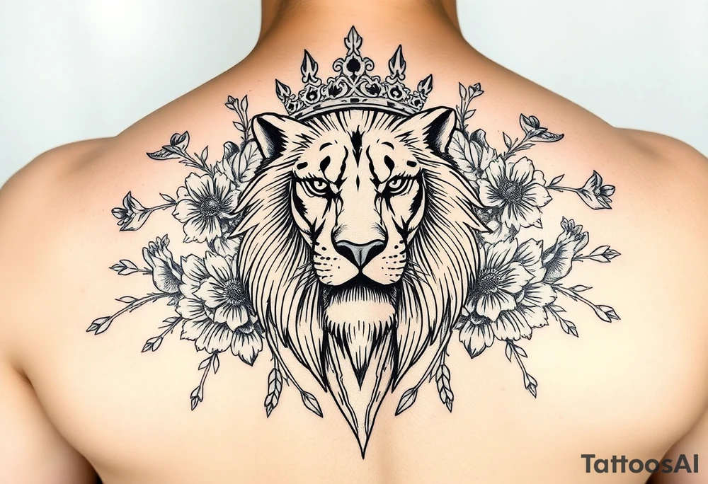 powerful majestic lion with a crown, surrounded by floral ornaments and birds tattoo idea