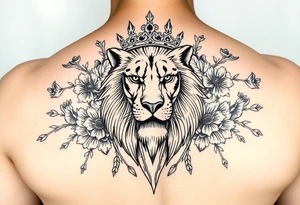powerful majestic lion with a crown, surrounded by floral ornaments and birds tattoo idea