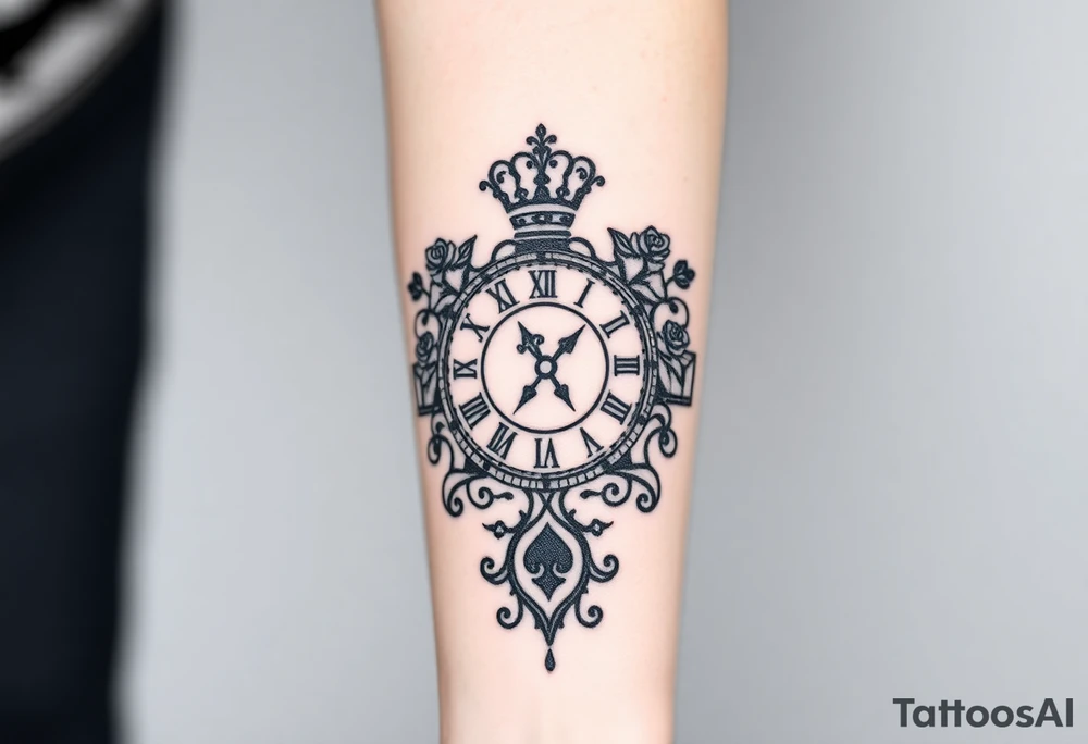 Roman clock with roses and a crown,  a quote that says nothings forever. and on the bottom a deck of cards tattoo idea