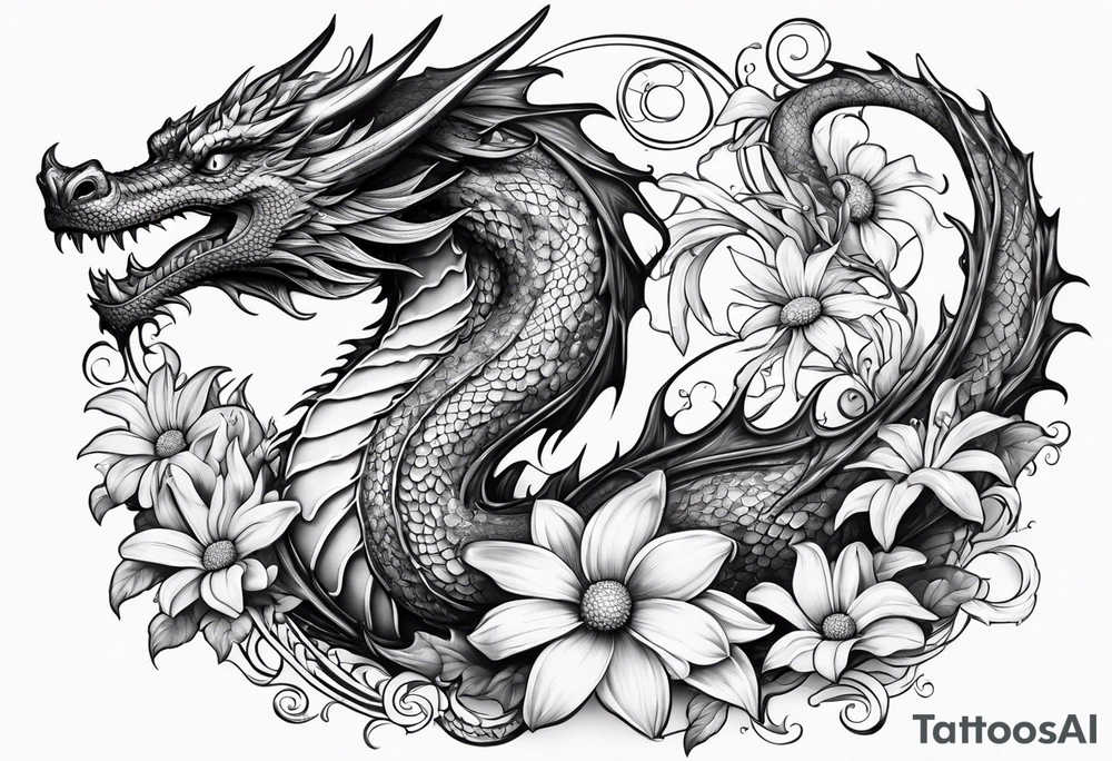 Dragon with sweet pea daisy flower tattoo idea