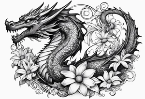 Dragon with sweet pea daisy flower tattoo idea