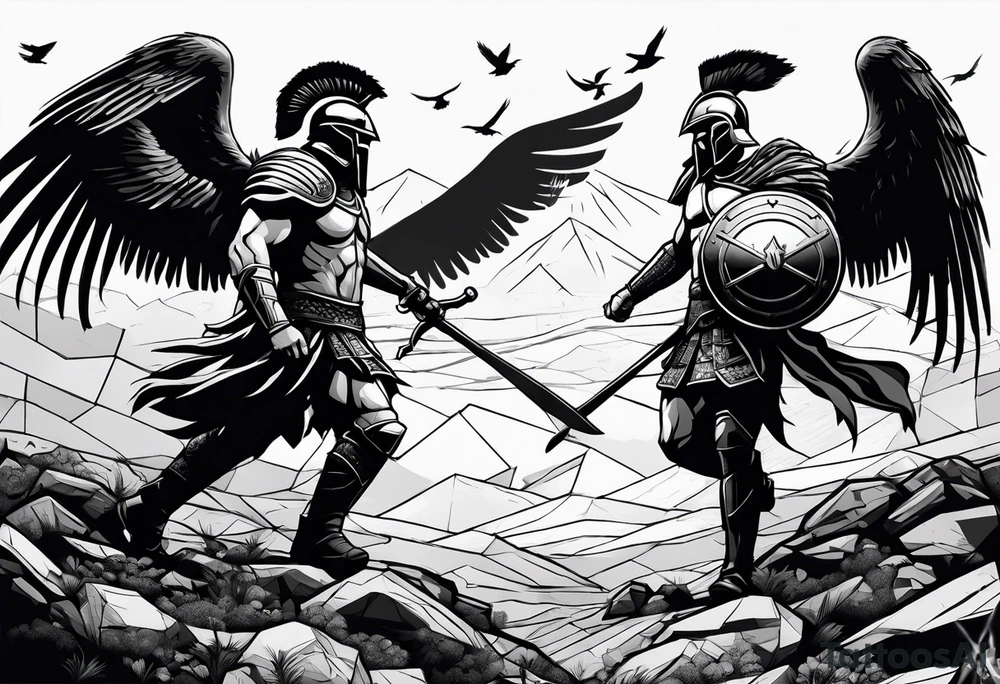 2 Spartans walking in a battlefield with ravens in the background tattoo idea