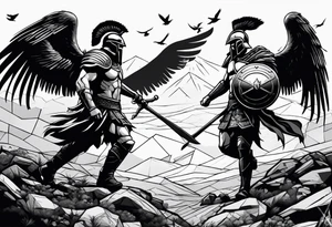 2 Spartans walking in a battlefield with ravens in the background tattoo idea