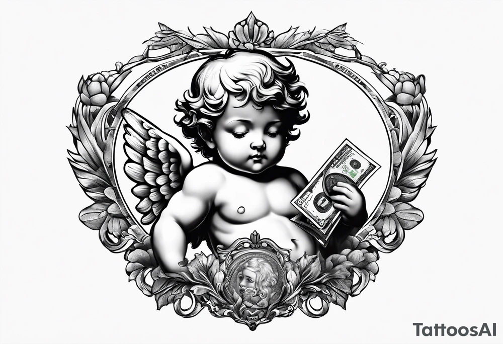 a cherub holding a money bag. make him sleeping tattoo idea a cherub holding a money bag. make him sleeping tattoo idea