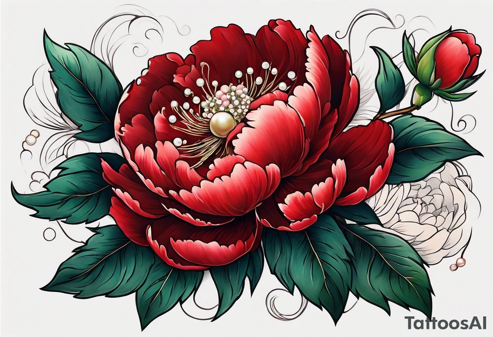 Red peony with a pearl necklace and a rabbit tattoo idea