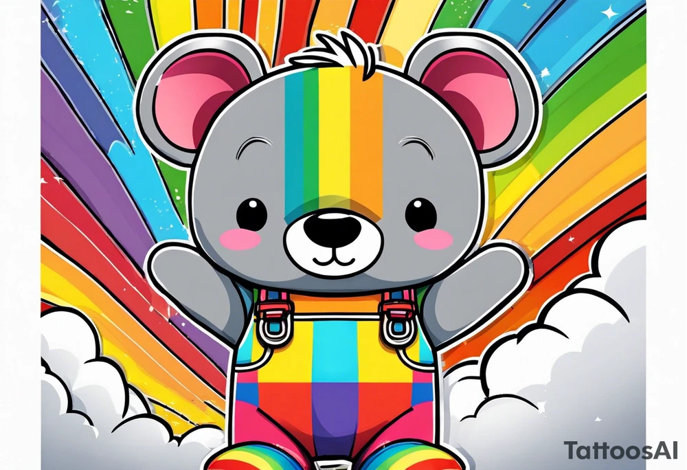 the back image of a grey teddy bear standing in rainbow overalls, white tank top, striped boots and holding his left arm up to hold a hand tattoo idea