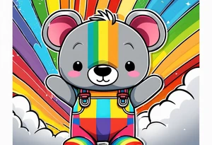 the back image of a grey teddy bear standing in rainbow overalls, white tank top, striped boots and holding his left arm up to hold a hand tattoo idea
