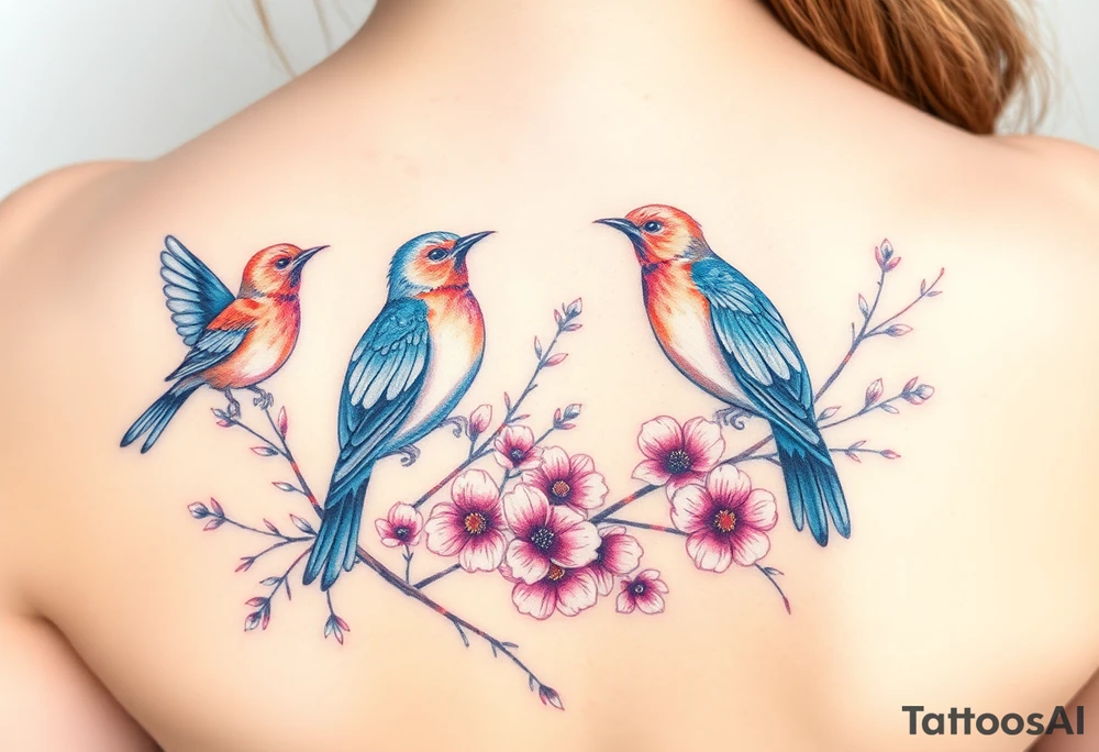 Four birds, flowers, branch tattoo idea