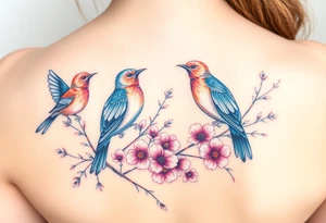 Four birds, flowers, branch tattoo idea