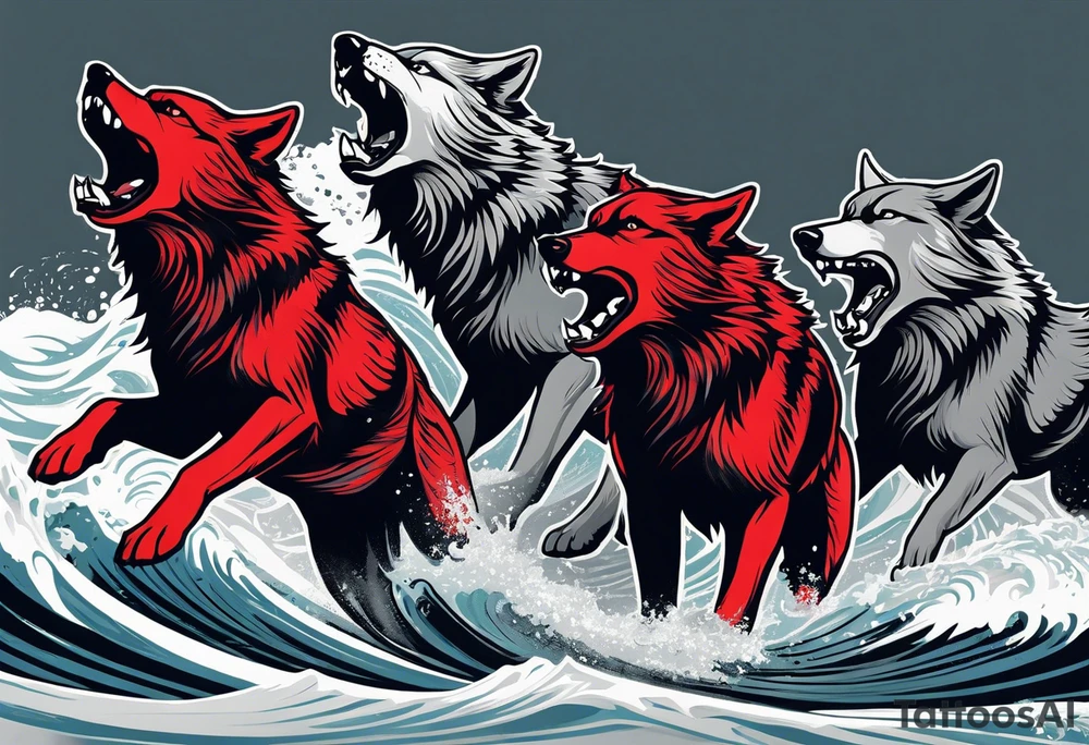 a pack of 3 howling muscular  gray wolves surfing waves with a linear background with red, white and black and gray including the word Howler in an aggressive script font tattoo idea