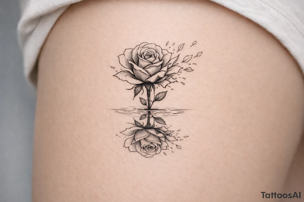 Single rose, petals shattering outwards, mirror reflection tattoo idea