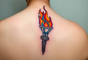 A blazing torch the handle wrapped in water, with intense red, blue, and gold hues. tattoo idea