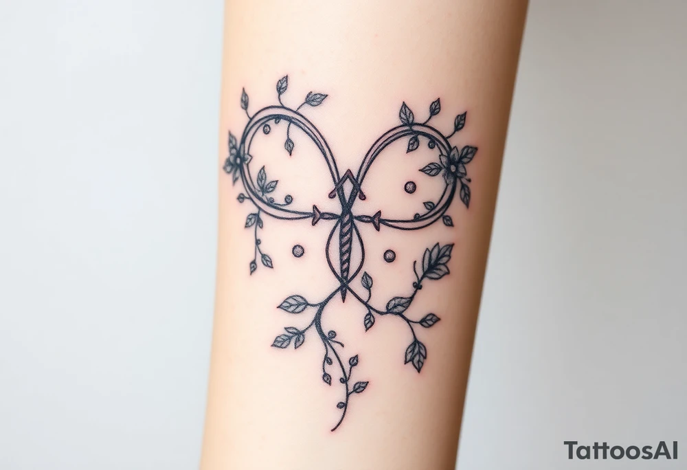 An enchanted bow made of intertwining vines and flowers, with Sagittarius among the leaves tattoo idea