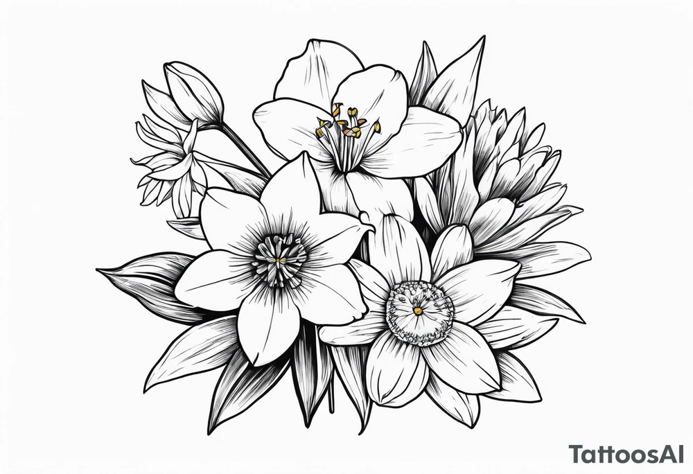 bouquet of flowers containing one lily, one daisy, one daffodil, and one narcissus. tattoo idea