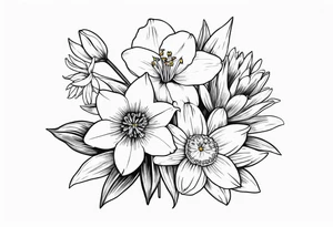 bouquet of flowers containing one lily, one daisy, one daffodil, and one narcissus. tattoo idea