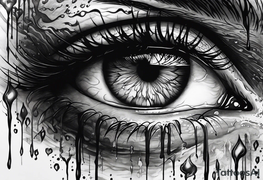 Realistic eye crying tears of tragedy death and betrayal tattoo idea