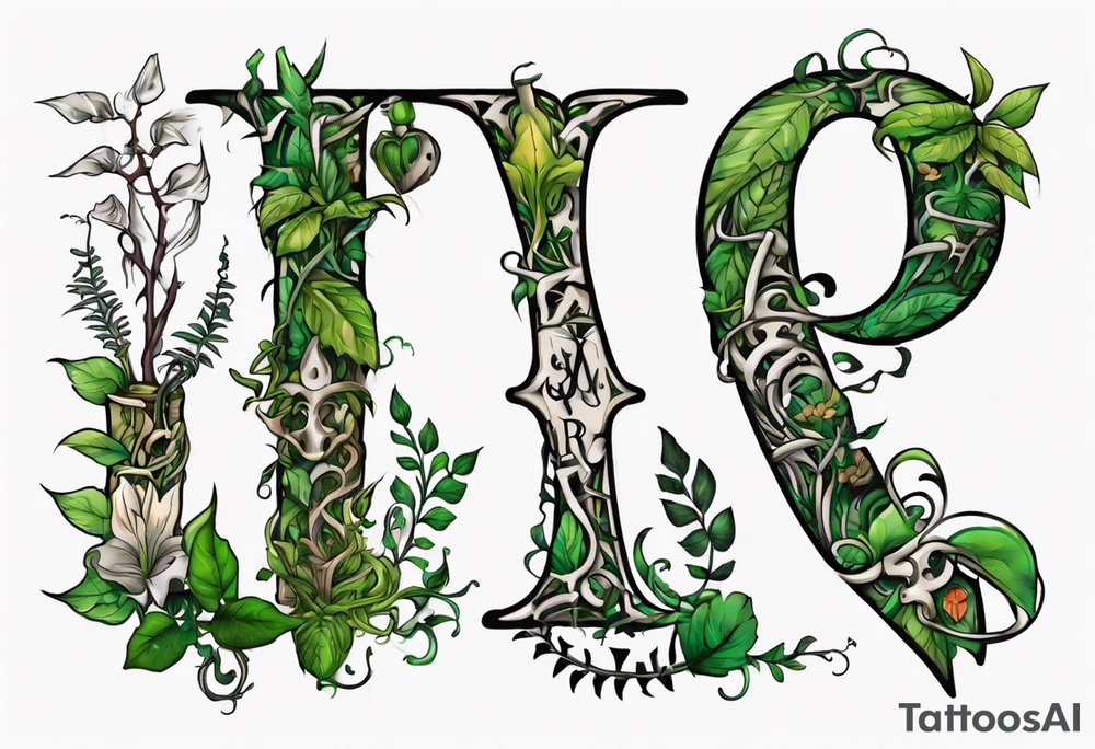 Words “Plant Powered” spelled out with plants and vines through out the words tattoo idea
