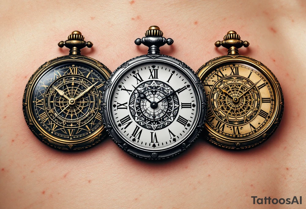 Three interwoven pocket watches in antique bronze, shimmering silver, and royal gold, each frozen at a meaningful time. tattoo idea