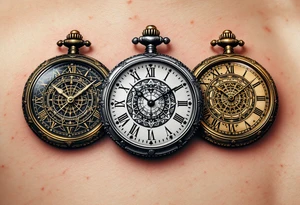 Three interwoven pocket watches in antique bronze, shimmering silver, and royal gold, each frozen at a meaningful time. tattoo idea