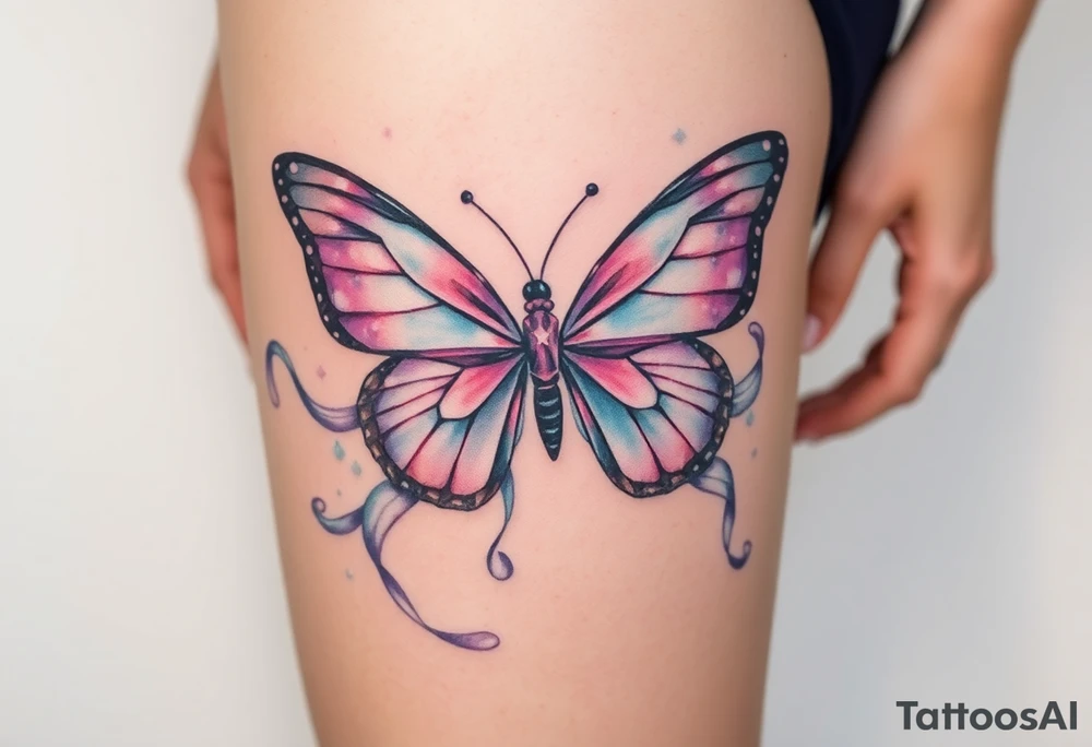 ethereal butterfly with flowing silk ribbons in moonlight tattoo idea
