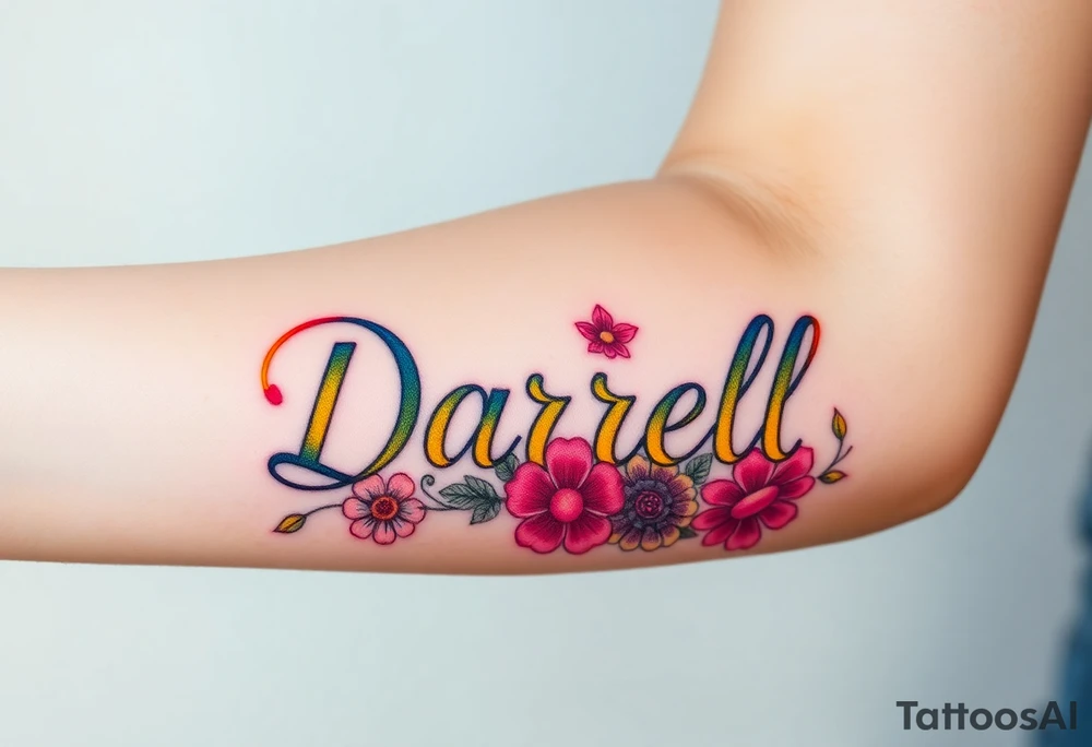 neon colors, 1 inch font, "Darrell" with lots of whimsical background, add lots of flowers tattoo idea