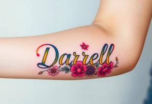 neon colors, 1 inch font, "Darrell" with lots of whimsical background, add lots of flowers tattoo idea